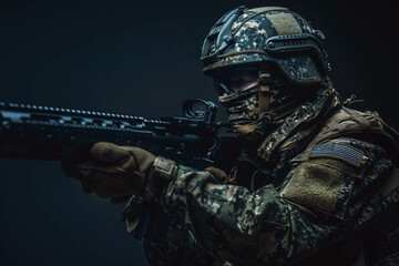 soldier in modern combat gear combat uniform in camouflage colors with large machine gun, protective clothing and helmet, war with modern equipment