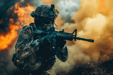 soldier in modern combat gear combat uniform in camouflage colors with large machine gun, protective clothing and helmet, war with modern equipment