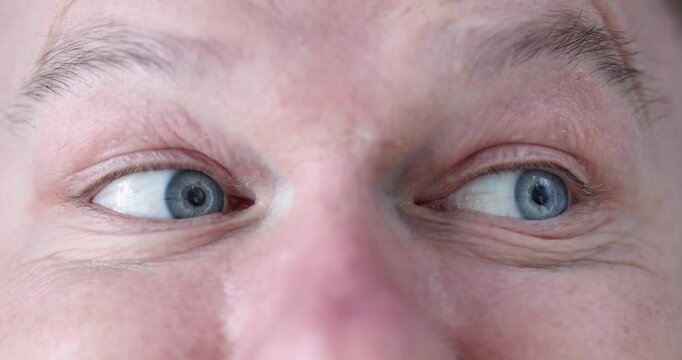 Blue male eyes make charging and playful expression of eyes. Gymnastics for eyes to restore vision concept
