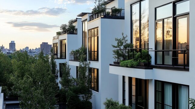Modern white townhouse with sleek architectural details and private balconies overlooking the busy city