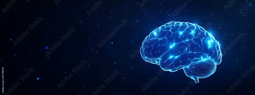 Poster glowing blue human brain with sparkles in a dark background