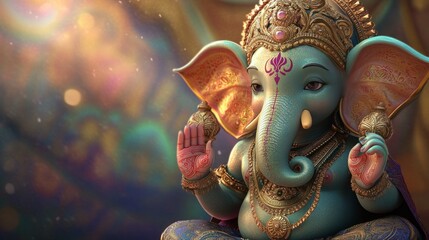 Fototapeta premium Playful 3D Ganesh figure in bright colors, offering blessings with a realistic touch, set against a spiritual backdrop. -