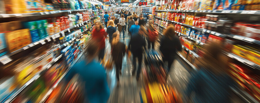 A busy supermarket scene showing blurred shoppers navigating colorful product aisles, conveying a sense of vibrant consumer activity.