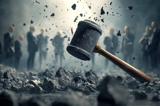 A visual of an auctioneer hammer coming down on a bankrupt company&rsquo;s assets, with bidders in the background, symbolizing liquidation and asset selling