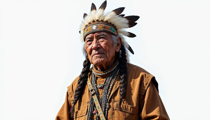 Obraz premium Elderly Native American man in traditional attire, showcasing wisdom and cultural heritage against a white background.