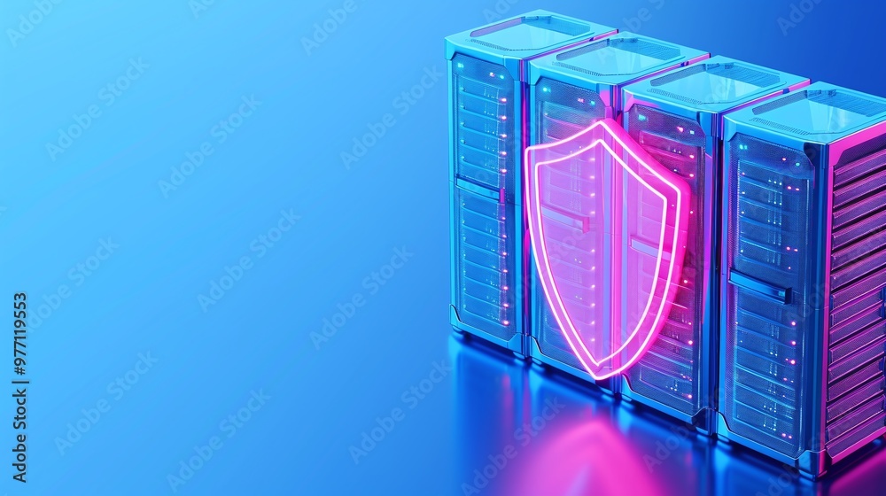 Poster a futuristic server stack with a glowing shield, symbolizing data protection and cybersecurity in a 
