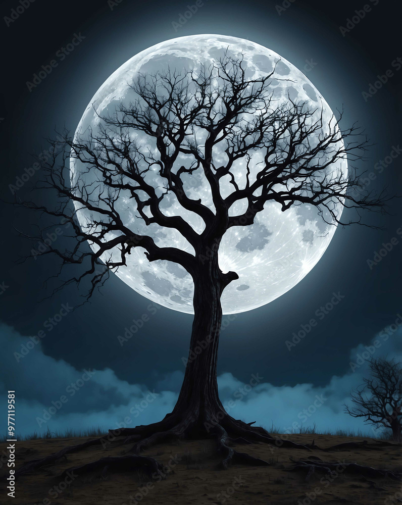 Sticker Full moon shining behind a spooky tree