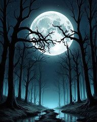 Fototapeta premium Full moon shining over spooky trees