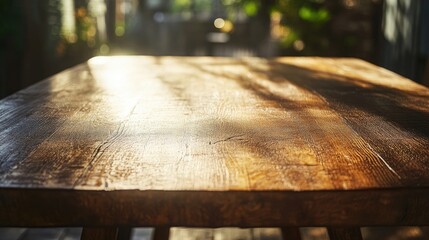 Fototapeta premium Rustic farmhouse dining table with visible grain and worn edges, bathed in warm light