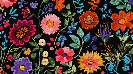 Floral seamless pattern featuring vibrant flowers and leaves, perfect for summer decor and textile design