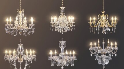 Set of elegant chandelier-style hanging lamps with crystal details, cut out for transparent background use.