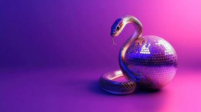 Metallic snake coiled around reflective disco ball against vibrant purple background