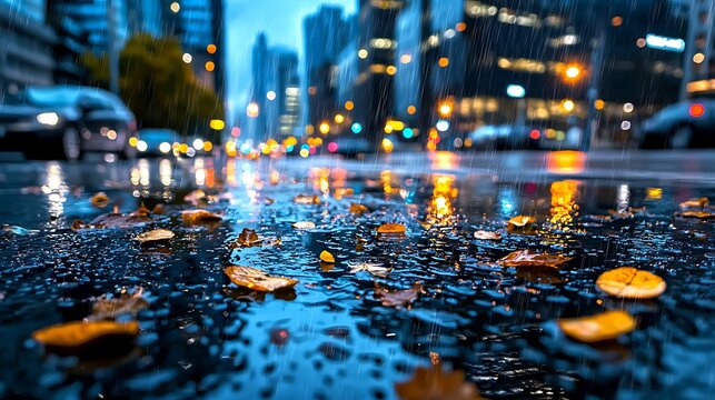A rainy city night filled with bokeh lights and scattered autumn leaves.
