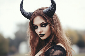 A portrait of a woman dressed up as a sexy halloween devil