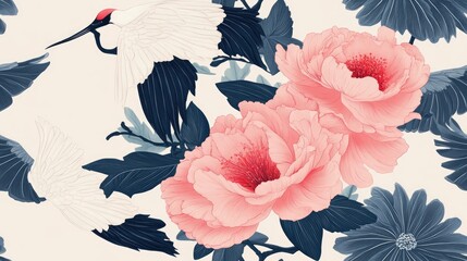Crane illustration featuring a flower and a flying bird pattern