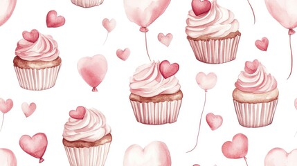 Watercolor romantic pattern featuring cupcakes and heart balloons Seamless digital paper design