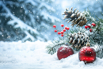 Christmas greeting card with bright winter holiday composition and New Year background