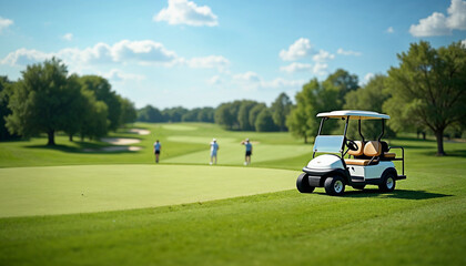 Stylish golf cart on a sunlit course with a panoramic view, golfers in the distance, and space for text.






