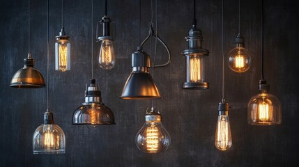 Variety of industrial-style hanging lamps with exposed bulbs and metallic details, ready for use in creative design projects