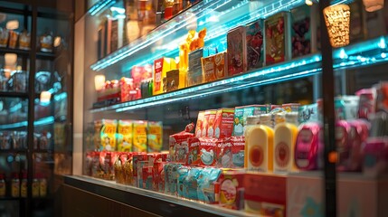 Fototapeta premium Vibrant Display of Assorted Beverages and Snacks Captivating Customers in a Stylish Storefront