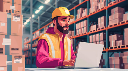 Warehouse workers hand holding digital tablet checking inventory management packaging boxes. Black african man walking in storehouse counting box goods on shelves isolated with white highlights