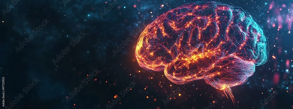 Poster A glowing digital brain with abstract neural pathways