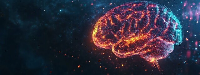 A glowing digital brain with abstract neural pathways