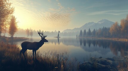 A Majestic Elk Gazing Across a Misty Lake in a Forested Landscape