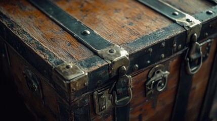 Vintage wooden trunk with metal hardware,