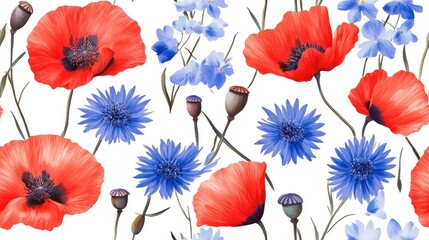 Floral seamless pattern featuring red poppies and blue cornflowers Vibrant blooms on a white background Suitable for textile fabric and wrapping paper designs