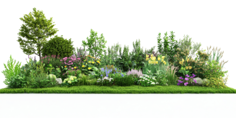 Lush garden with diverse plants, flowers, and greenery in vibrant colors