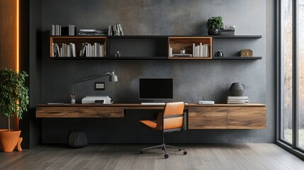 Wall-mounted shelving unit with integrated desk,