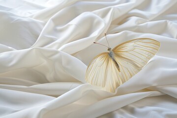 Delicate White Butterfly on Flowing Silk A Study in Soft Textures and Subtle Details