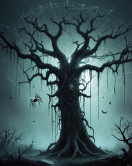 Naklejka premium Spooky tree with hanging spider webs