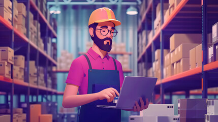 Warehouse workers hand holding digital tablet checking inventory management packaging boxes. Black african man walking in storehouse counting box goods on shelves isolated with white highlights