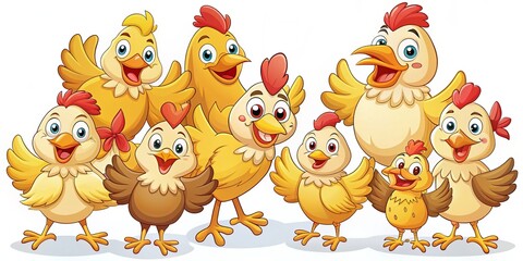 Naklejka premium Cheerful cartoon chickens show off their lively personalities through various poses and expressions, radiating