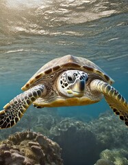 Fototapeta premium Isolated sea turtle with depth of field capturing textured shell and oceanic grace