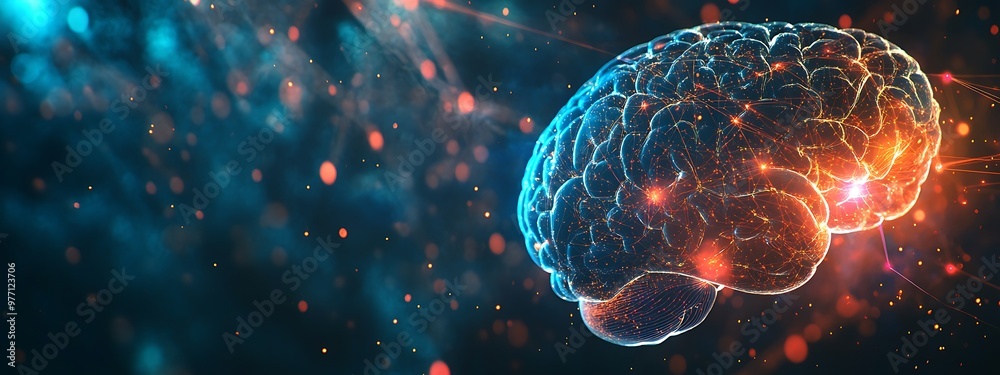 Poster abstract digital representation of a human brain with glowing connections