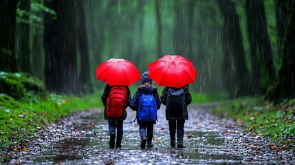 Children with red umbrellas walk through a forest, their steps splashing through the rainy day.