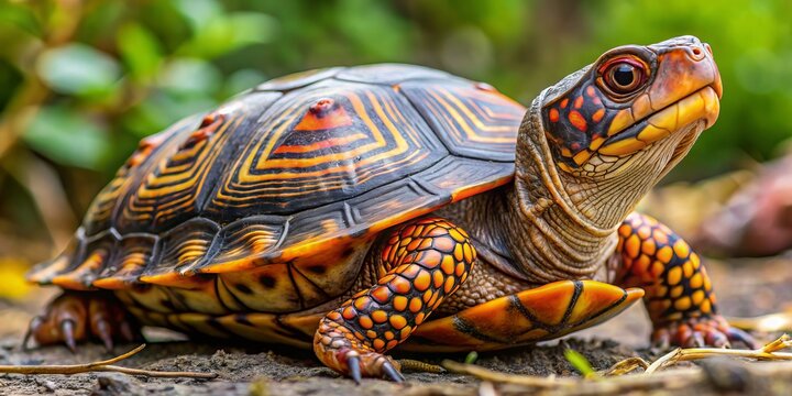 Close-up of a Coahuilan box turtle with a patterned shell and orange markings on its head and legs