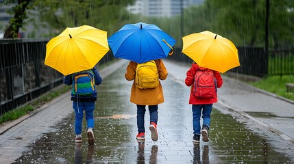 Children walk happily in the rain, their umbrellas adding bursts of color to the wet day.