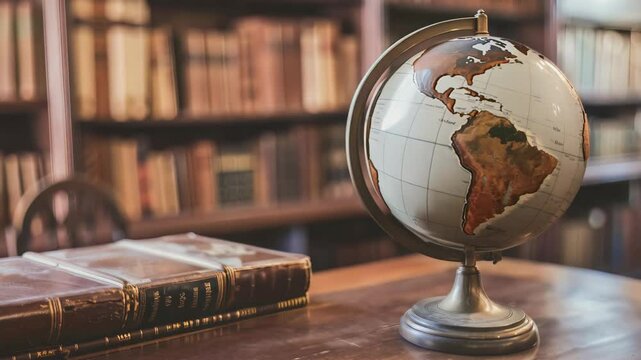 A vintage globe showcasing Africa and Europe rests on a wooden desk in a classic library filled with leather-bound books, evoking exploration and education. Perfect for travel or history themes.