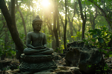 Beautiful greeting card with ancient statue great Buddha to bright holiday composition
