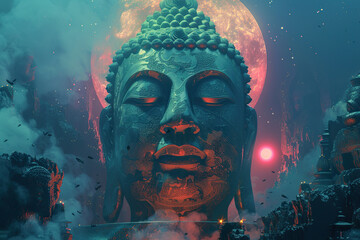 Beautiful greeting card with ancient statue great Buddha to bright holiday composition
