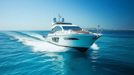 A white yacht with a wake cruising on a blue ocean