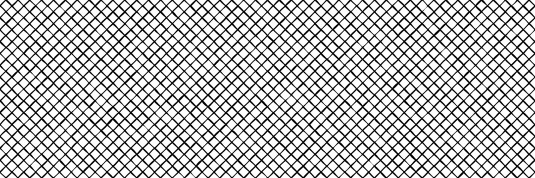 Hand drawn diagonal grid as simple seamless pattern bw. Grunge lines with shapeless scribbles. Sheet with wavy hand drawn grid lines. Vector illustration