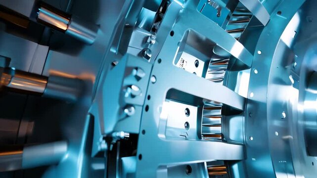 A close-up of a sophisticated industrial machine features intricate gears and metallic components, enhanced by cool blue lighting, showcasing cutting-edge engineering.