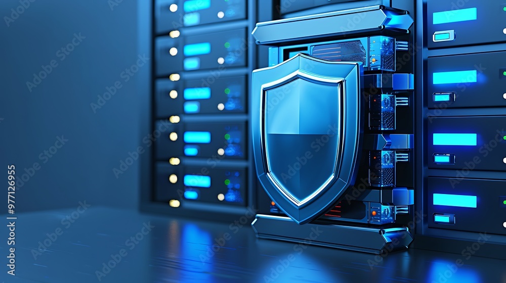 Poster a high-tech server with a protective shield symbolizing cybersecurity and data protection in a moder