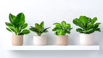 A row of green plants in pots on a white shelf, bringing life to a simple, modern space.