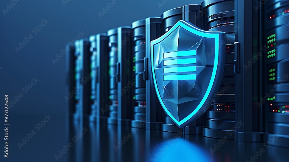 Poster a modern data center showcasing server racks with a digital security shield, representing advanced c